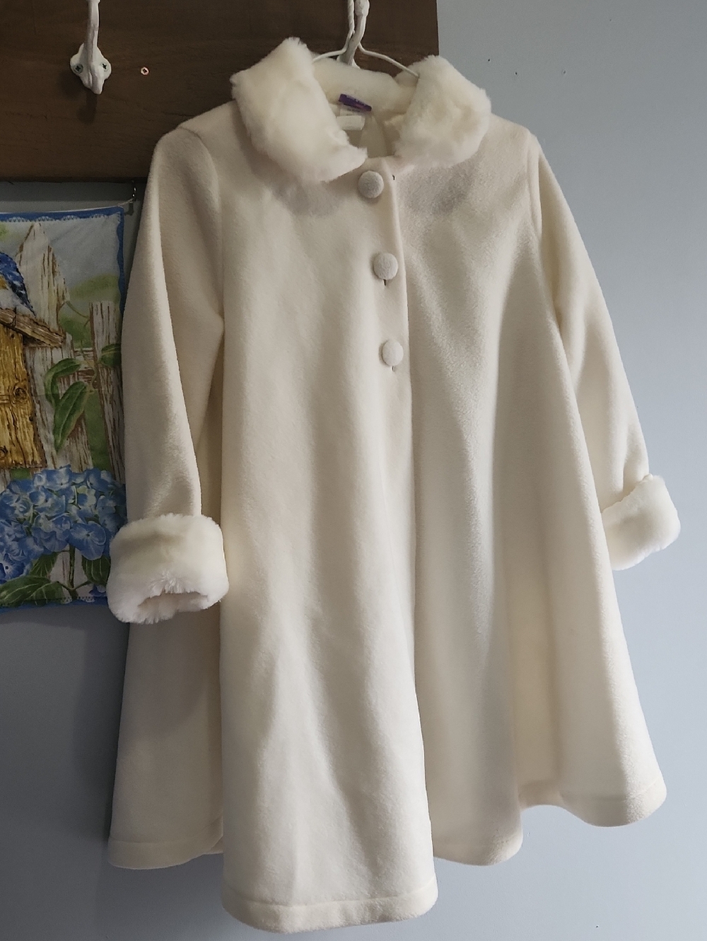 Cream Girls' Faux-Fur Trim Swing Coat Sz 9-10